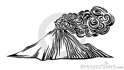 Hand drawn volcano eruption outline sketch. Vector black ink drawing isolated on white background. Graphic illustration Vector Illustration