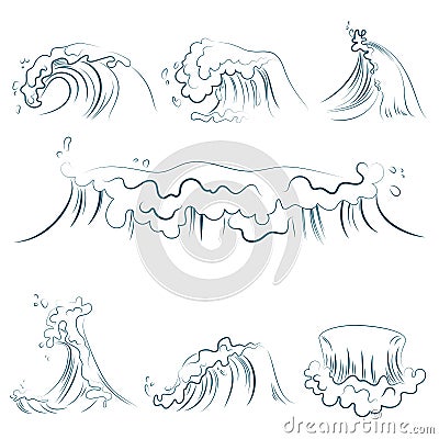 Hand drawn volumetric blue line sea waves vector set. Ocean storm wave isolated vector illustration. Vector Illustration