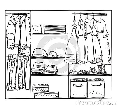 Hand drawn wardrobe sketch. Clothes for baby girl Vector Illustration