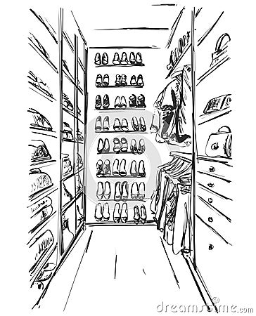 Hand drawn wardrobe sketch. Furniture. Dress, handbag and shoes. clothes. Dressing room Vector Illustration