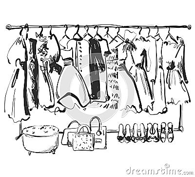 Hand drawn wardrobe sketch. Furniture. Dress, handbag and shoes. clothes Vector Illustration