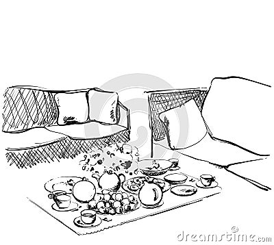 Hand Drawn wares sketch. Romantic dinner for two. Food and drink in interior Vector Illustration