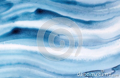 Abstract watercolour background with blue waving brush strokes, stains and washes. Stock Photo