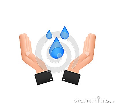 Hand drawn water drop in hands for banner design. Planet earth. Save earth water. Vector Illustration
