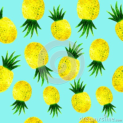 Watercolor ananas seamless pattern on blue Stock Photo