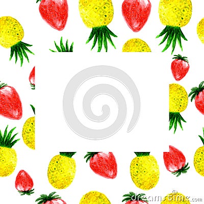 Watercolor ananas and strawberry frame Stock Photo