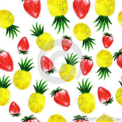 Watercolor ananas and strawberry seamless pattern Stock Photo