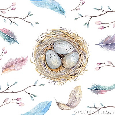 Hand drawn watercolor art bird nest with eggs ,easter design. Cartoon Illustration