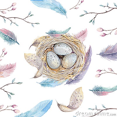 Hand drawn watercolor art bird nest with eggs , easter design. Cartoon Illustration