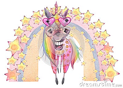 Funny cartoon unicorn under a rainbow of stars. Cartoon Illustration