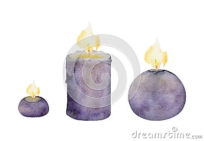 Hand drawn watercolor assorted candles lit with flames. Votives, balls, tea lights, pillars. Isolated object on white Stock Photo