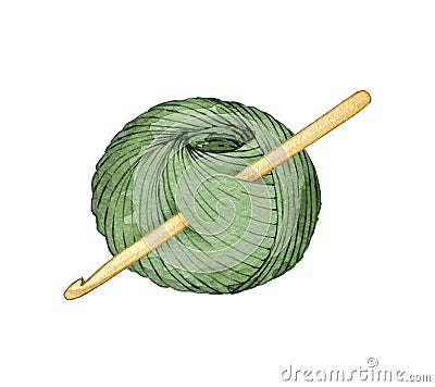 Hand drawn watercolor ball of yarn for knitting with a crochet hook Stock Photo