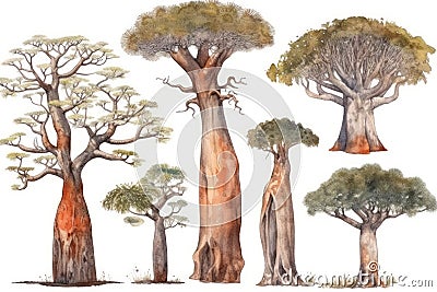 Hand-Drawn Watercolor Baobab Trees Collection: Forest Pack of Baobab Trees . Stock Photo