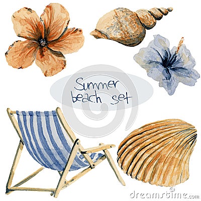 Hand drawn watercolor beach set: chair, flowers and shells. Vacation objects Stock Photo