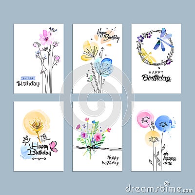 Hand drawn watercolor birthday greeting cards Vector Illustration