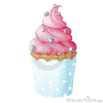 Hand drawn watercolor blue and pink cupcake with topping Stock Photo