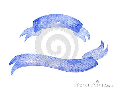 Hand Drawn watercolor blue ribbon. Isolated. Cartoon Illustration
