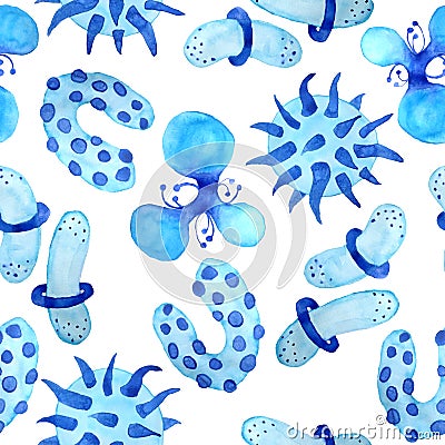 Hand drawn watercolor blue viruses and bacteria seamless pattern. Microscopic cell illness, virus, bacterium and microorganism Cartoon Illustration