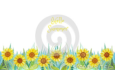 Blue and green grass with bright flowers. Sunflowers isolated on white background. Cartoon Illustration