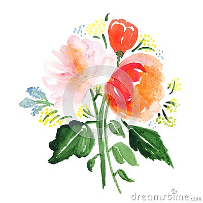 Hand drawn watercolor bouquet with roses, leaves and abstract flowers Stock Photo