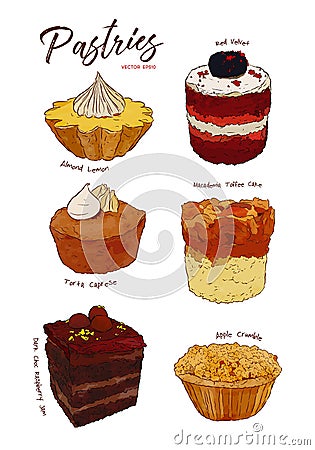 Hand drawn watercolor cakes set, Vector Illustration