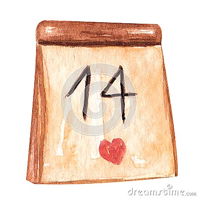 Hand drawn watercolor calendar with Valentine date. Watercolour illustration, symbol of holiday, romance, love for card Cartoon Illustration