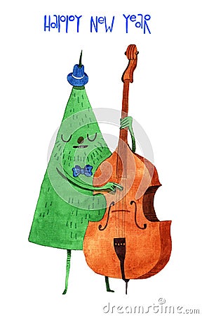 Hand drawn watercolor cartoon Christmas tree, isolated Stock Photo