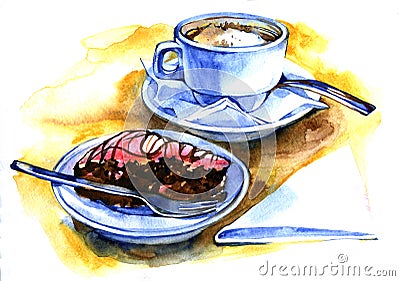 Hand drawn watercolor chocolate cake with berries and cup of coffee Stock Photo