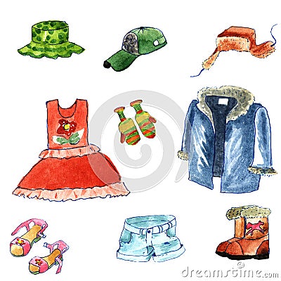 Hand drawn watercolor clothes cartoon style on white background. winter and summer cloth: fur cap with ear flaps,fur coat Stock Photo