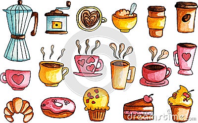 Hand Drawn Watercolor, Coffee Illustrations Set Cartoon Illustration