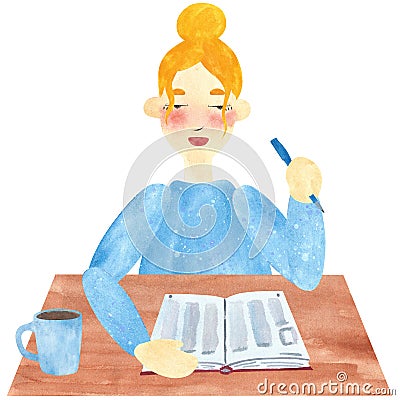 A girl with blond hair in blue, reading a book Stock Photo