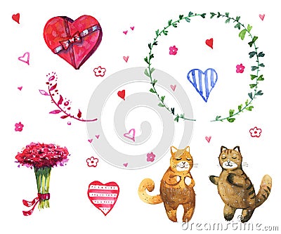 Watercolor illustration set with two cats and hearts Stock Photo