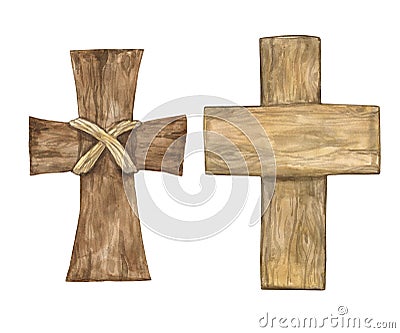 Watercolor hand painted wooden Easter cross , isolated on white background. Baptism symbol, holy spirit Stock Photo