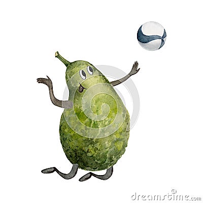 Hand drawn watercolor cute avocado character playing volleyball block serve practice. Fitness health. Illustration Stock Photo