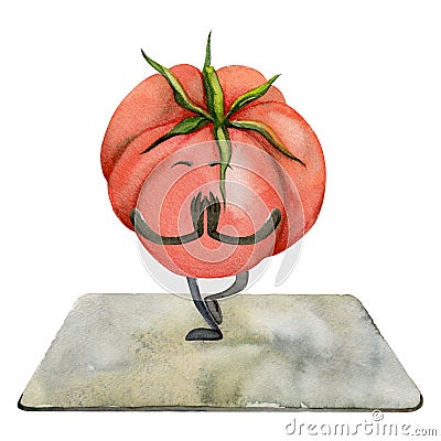 Hand drawn watercolor cute tomato character doing yoga stretching asana practice. Fitness health. Illustration isolated Stock Photo