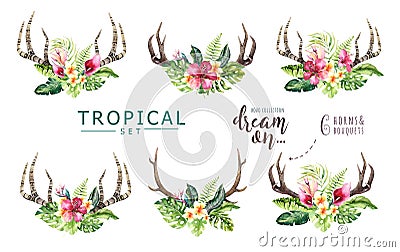 Hand drawn watercolor deer horns with tropical flower bouquets. Exotic palm leaves, jungle tree, brazil tropic botany Stock Photo