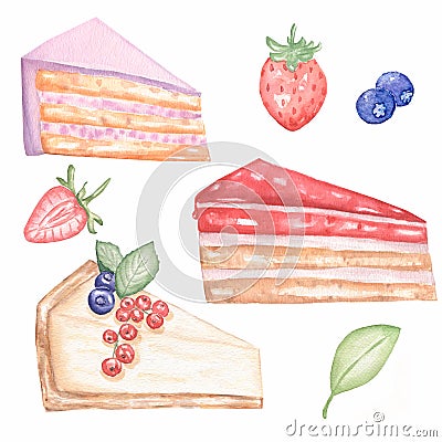 Hand drawn watercolor dessert set:cheesecake, cakes slices with whipped cream and strawberry, blackberry and leaf Stock Photo