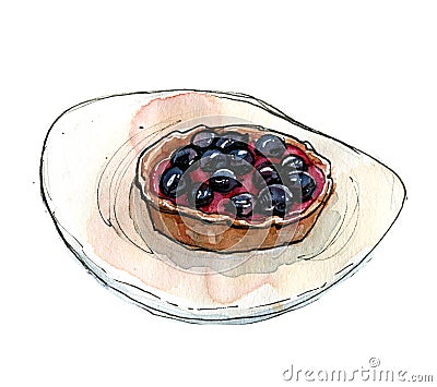 Hand drawn watercolor dessert tart with blackcurrant Stock Photo