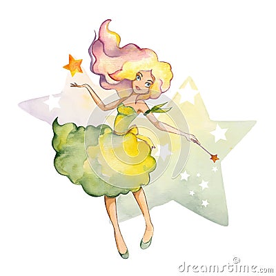 Hand drawn watercolor fairy with star Vector Illustration