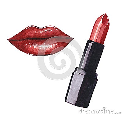 Watercolor fashion illustration - lipstick cosmetics in red color. Cartoon Illustration