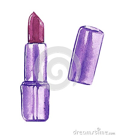 Watercolor fashion illustration - lipstick cosmetics in purple pink color. Cartoon Illustration