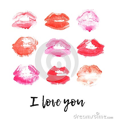 Hand drawn watercolor fashion illustration lipstick kiss. Female card with red lips and text Cartoon Illustration