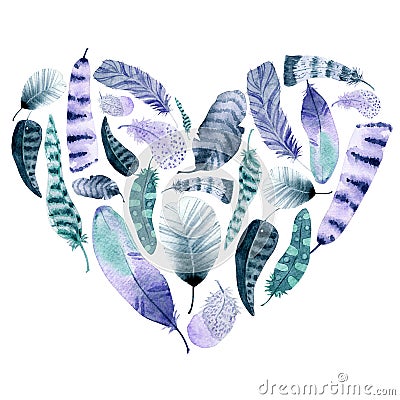 Hand drawn watercolor feather heart shape Stock Photo