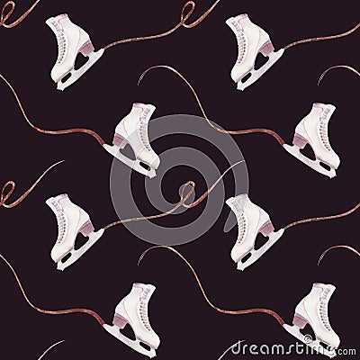 Hand drawn watercolor figure skating boots, winter sports gear, ice trail swirl glitter. Illustration isolated seamless Stock Photo