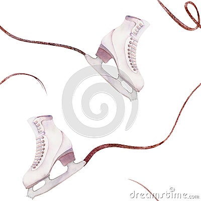 Hand drawn watercolor figure skating boots, winter sports gear, ice trail swirl glitter. Illustration isolated seamless Stock Photo