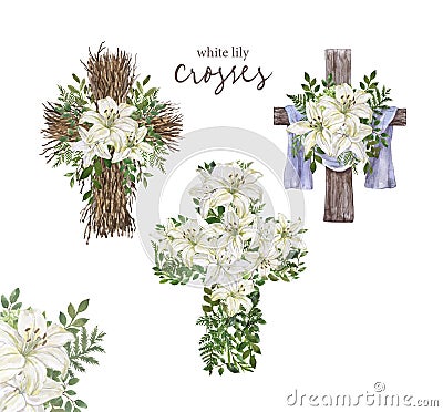 Hand drawn watercolor floral cross and white lily arrangement. Religious decorative wreath with spring flowers, green foliage Cartoon Illustration