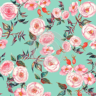 Hand drawn watercolor floral seamless pattern with tender pink roses in on the light blue background Stock Photo