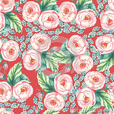 Hand drawn watercolor floral seamless pattern with tender pink roses in on the red background Stock Photo