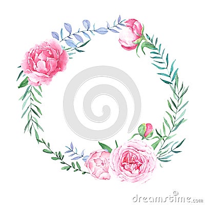 Hand drawn watercolor floral wreath with leaves. Round frame with peony and roses flowers Cartoon Illustration