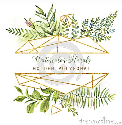 Hand drawn watercolor florals with golden polygonal elements Stock Photo